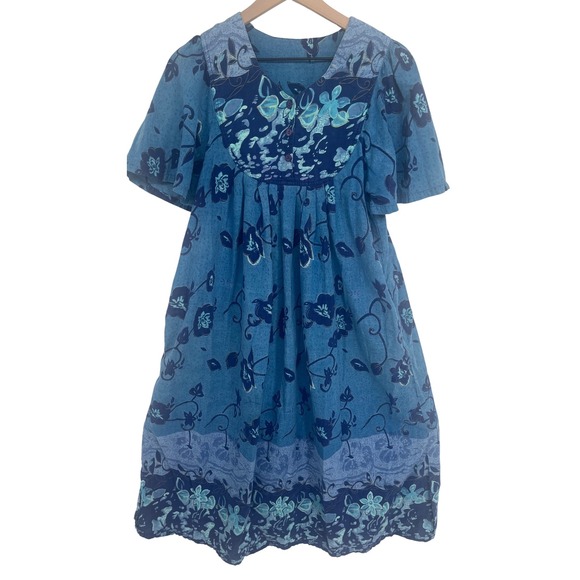 Dresses & Skirts - Vintage Floral House Dress Womens XS Blue Cotton Muu Muu Lounger Boho